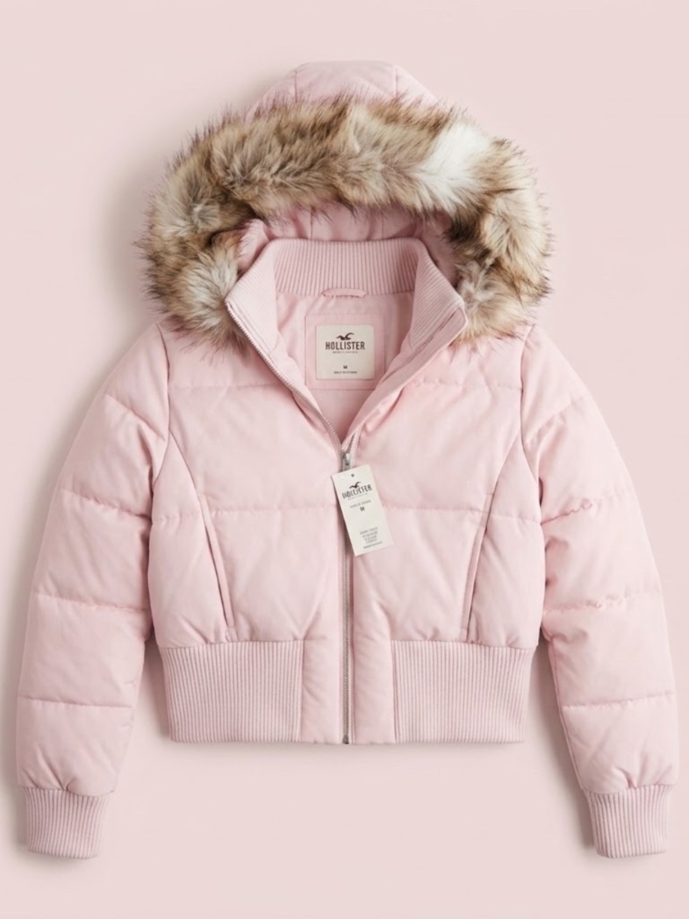 NWT Hollister Light Pink Quilted Puffer Jacket with Faux Fur Trim